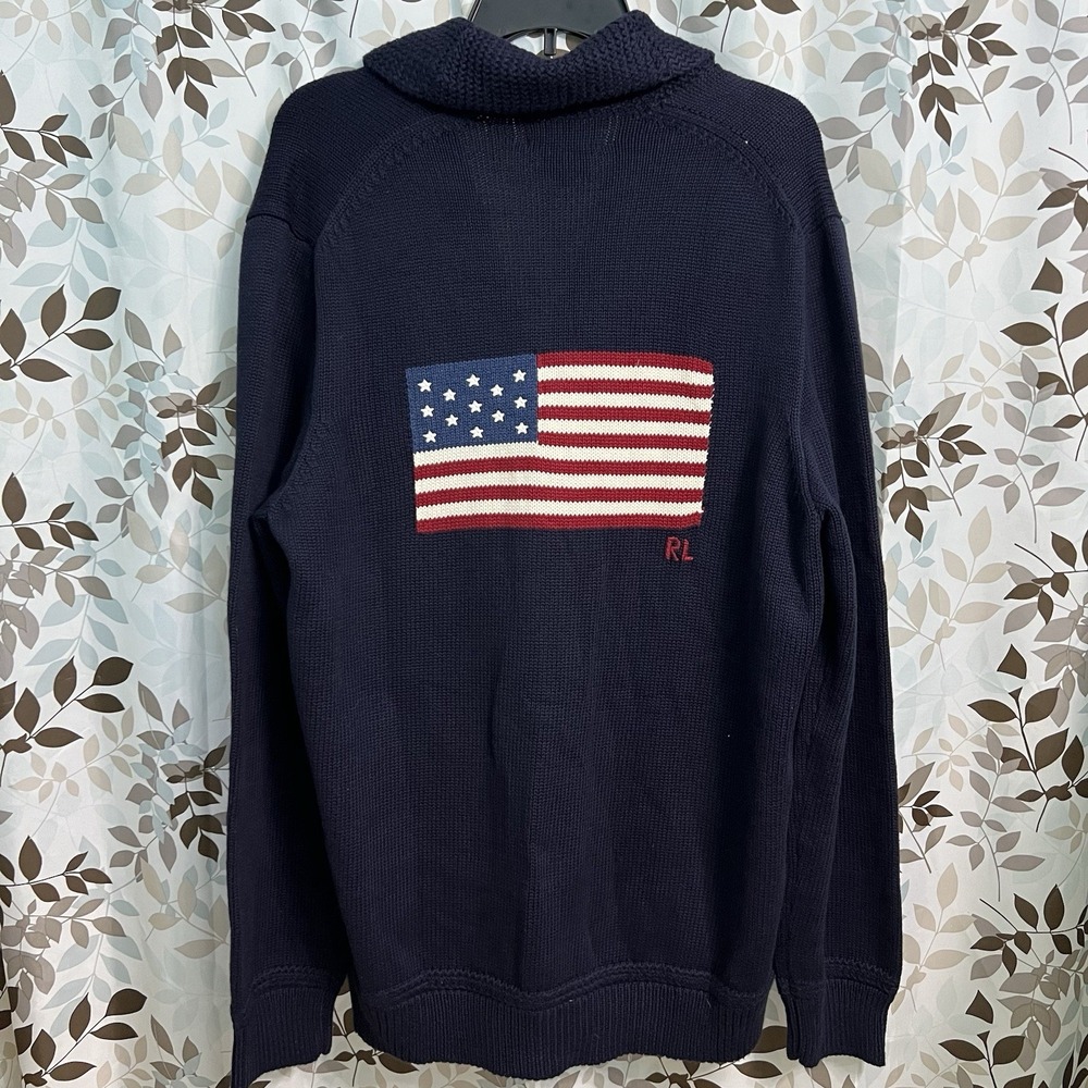 Polo Ralph Lauren Mens Navy Cotton Iconic Flag Intarsia Shawl Cardigan Size XL